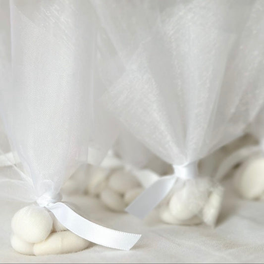 5 sugared almond in white organza finished in a satin ribbon